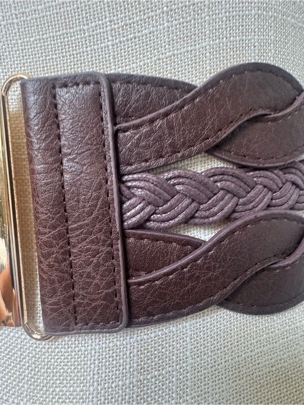 Brown Braided Stretch Waist Belt Gold Tone Buckle Wide 3